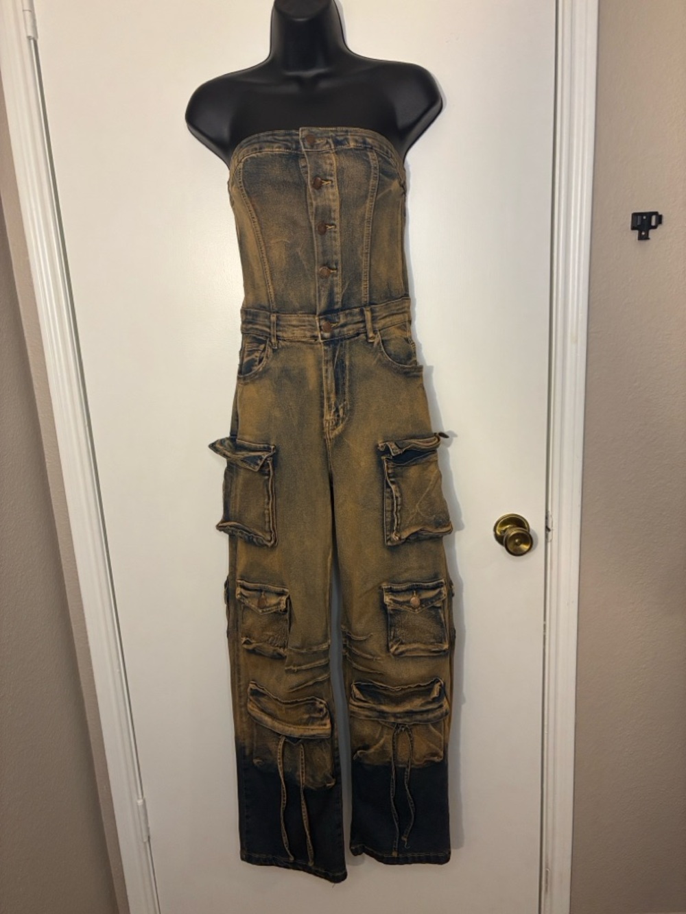 Strapless Washed Cargo Jumpsuit in Distressed Brown
